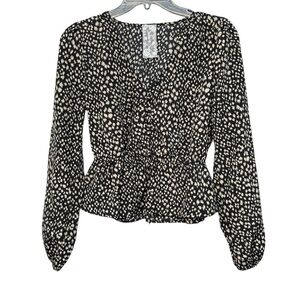 Sadie & Sage XS Peplum Blouse Black White Dot Print Long Sleeve